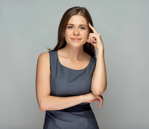 Attractive Pensive Businesswoman Grey Dress Looking Camera — Stock Photo, Image