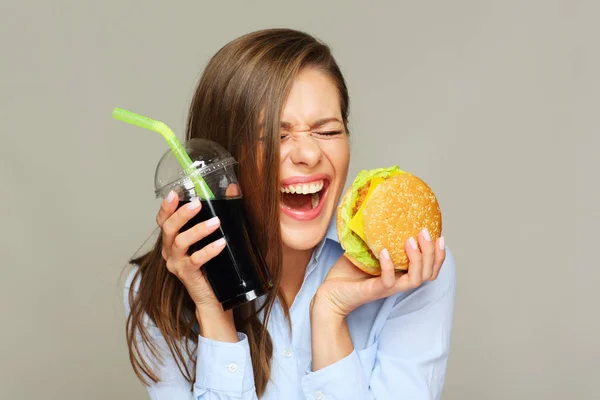 Portrait Happy Woman Holding Tasty Burger Cola — Stock Photo, Image