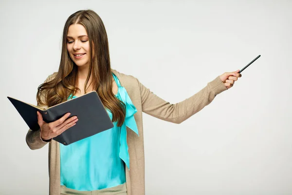 Teacher Woman Holding Notebook Pen While Pointing Copy Space — Stock Photo, Image