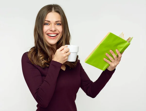 Estudiante Mujer Vestido Oscuro Lectura Libro Beber Café Concepto Examen —  Fotos de Stock