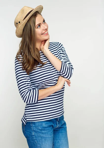 Retrato Una Joven Sonriente Con Camisa Rayas Sombrero Mexicano Paja — Foto de Stock