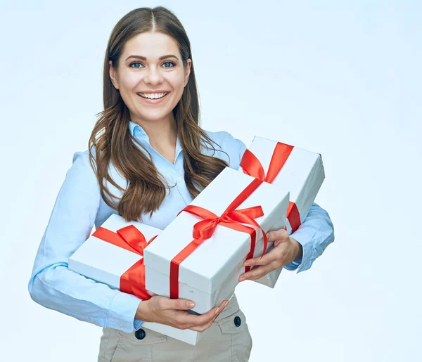 Smiling Businesswoman Holding Gifts Red Ribbons — Stock Photo, Image