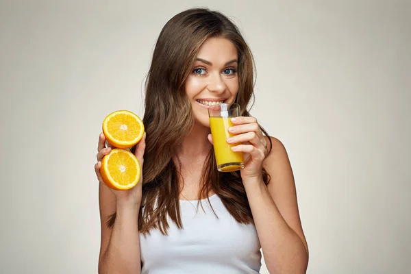 Smiling Young Woman Wearing White Singlet Holding Glass Orange Juice — Stock Photo, Image