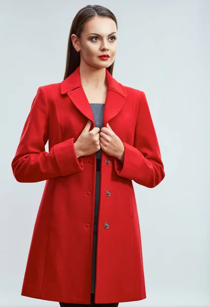 Modelka Dlouhými Vlasy Oblečený Červeném Kabátě Šedých Šatech Stojící Světelné — Stock fotografie