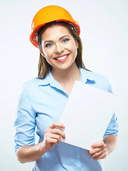 Üzleti nő építő mérnök, fehér üres fedélzeten. — Stock Fotó