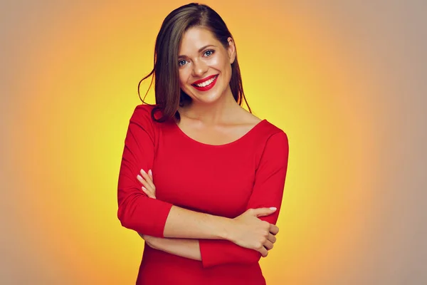 Smiling Confident Woman Wearing Red Dress Standing Crossed Arms — Stock Photo, Image