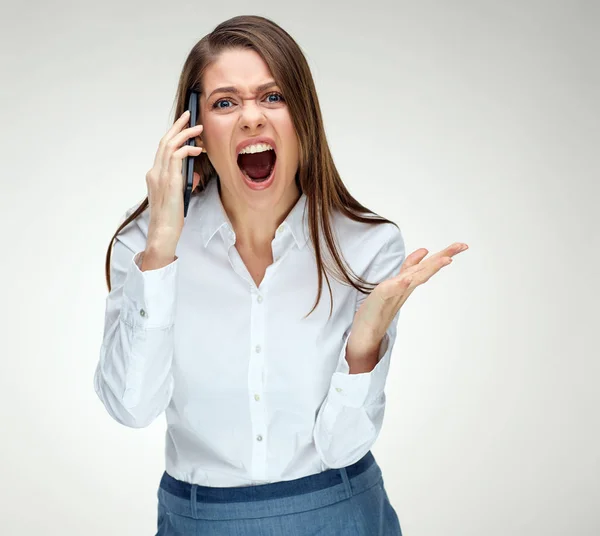 Angry woman boss shouting with phone. — Stock Photo, Image