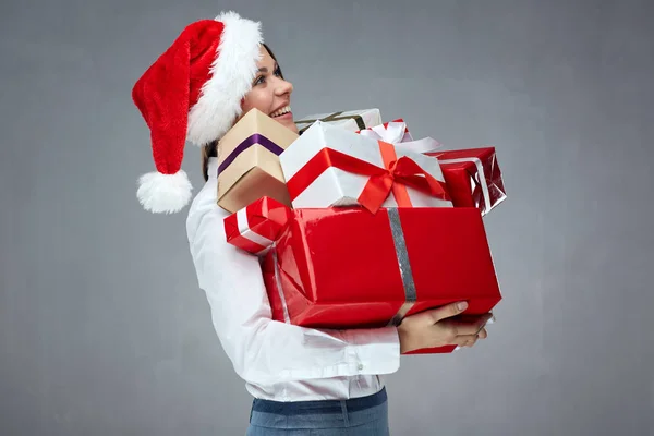 Woman Santa Hat White Shirt Holding Presents — Stock Photo, Image