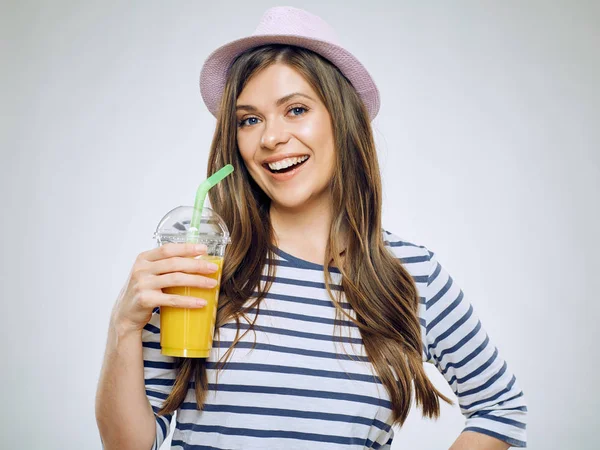 Beautiful Woman Hat Drinking Orange Juice — Stock Photo, Image