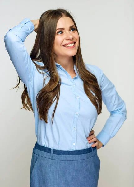 Chère Femme Affaires Chemise Bleue Regardant Isolé Sur Fond Blanc — Photo