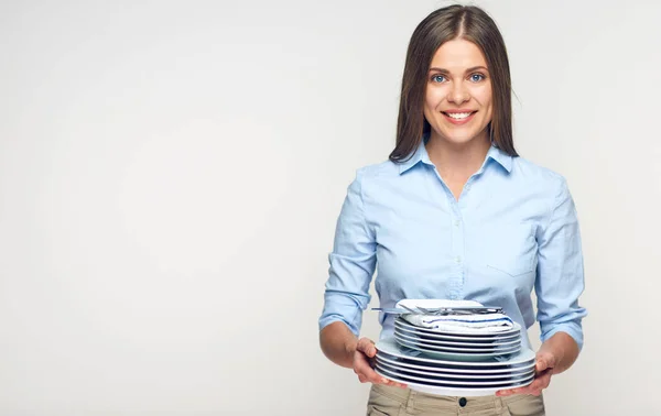 Lachende Vrouw Bedrijf Platen Handen Concept Voor Cateringservice Close — Stockfoto