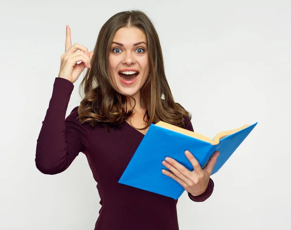 Woman Student Holding Opened Book Hard Examination Concept — Stock Photo, Image