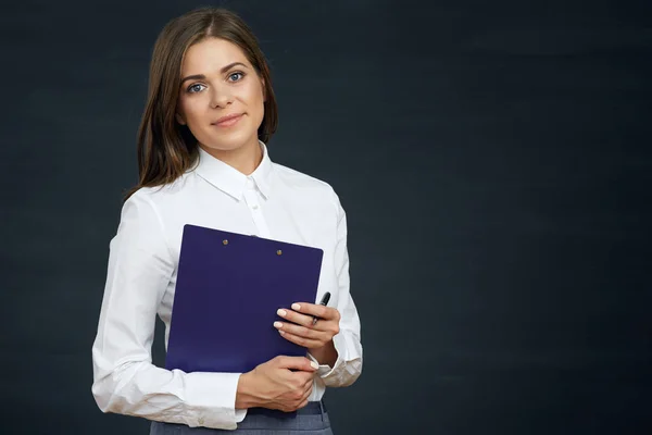 Social Employee Woman Holding Clipboard Pen Black Background — Stock Photo, Image