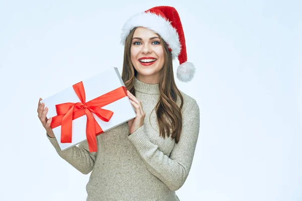 Beautiful Surprised Woman Santa Hat Holding Gift Box New Year — Stock Photo, Image