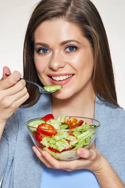 Portrait Young Woman Eating Salad Beige Background Healthy Food Concept — Stock Photo, Image