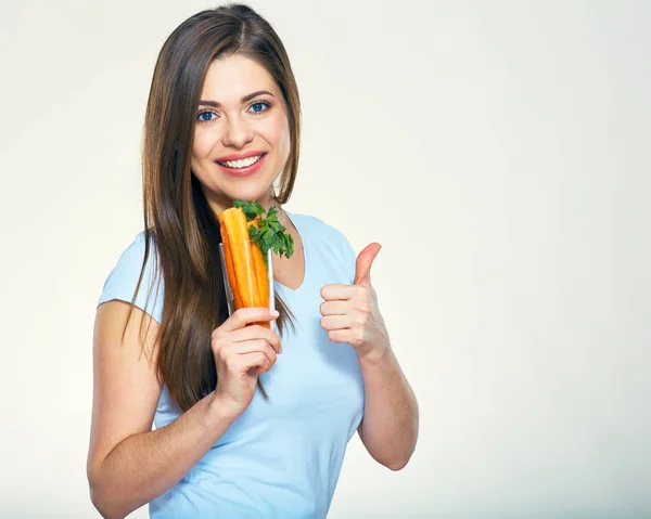 Smiling Woman Holding Glass Carrot Showing Thumb — Stock Photo, Image