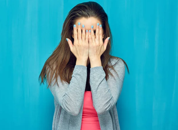 Portrait Surprising Woman Covering Face Her Hands Concept Mental Disorder — Stock Photo, Image