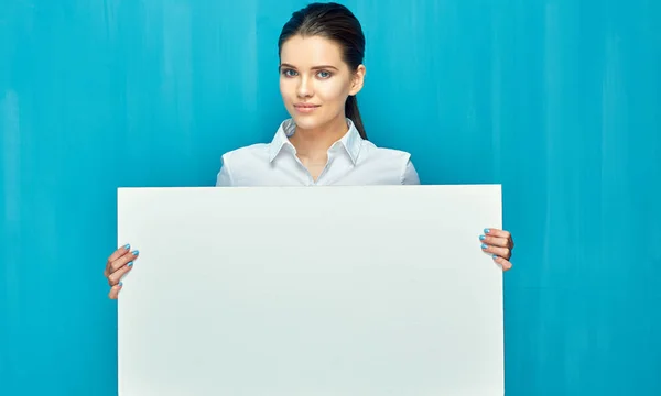 Smiling Businesswoman Wearing White Shirt Holding Advertising Banner Hands Blue — Stock Photo, Image