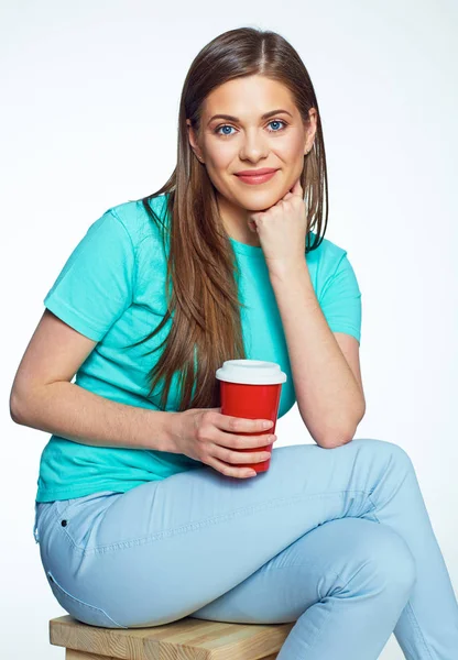 Beautiful Woman Long Hair Sitting Chair Coffee Cup — Stock Photo, Image