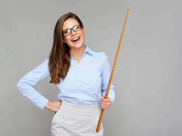 Usmívající Žena Učitelka Drží Ukazatel Hůlka — Stock fotografie