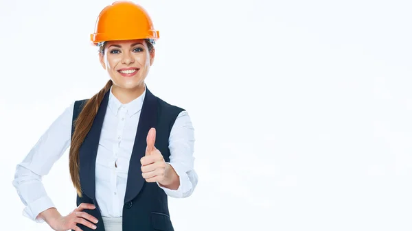 Mujer constructora en traje de negocios mostrar pulgar hacia arriba . — Foto de Stock