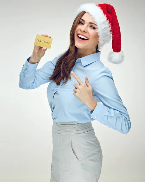 Weihnachtsmädchen Geschäftsfrau mit goldener Kreditkarte zeigt Finge — Stockfoto