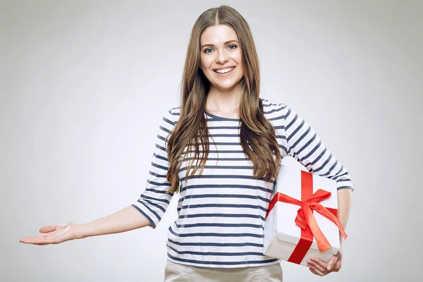 Smiling Pregnant Woman Striped Shirt Holding Gift Box — Stock Photo, Image