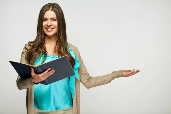Teacher Woman Holding Book Pen Pointing Copy Space — Stock Photo, Image
