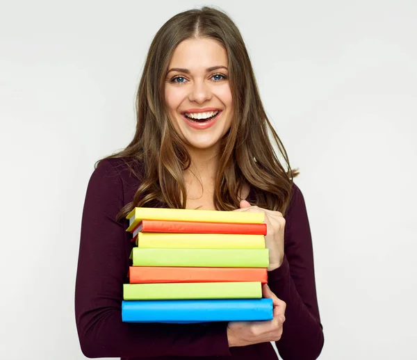 Smiling Woman Student Holding Pile Books — Stock Photo, Image