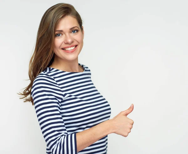 Porträt Einer Lächelnden Frau Lässig Gestreiften Hemd Die Den Daumen — Stockfoto