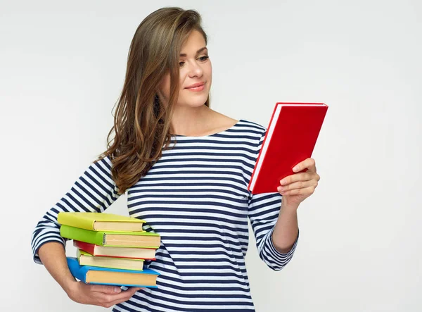 Lachende Vrouw Student Die Stapel Boeken — Stockfoto