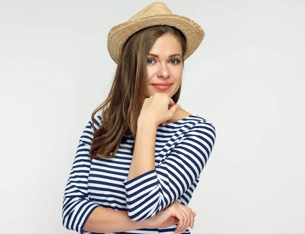 Mulher Sorrindo Usando Chapéu Camisa Listrada Isolado Fundo Branco — Fotografia de Stock