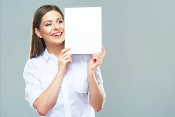 Business woman hide face behind white sign board — Stock Photo, Image