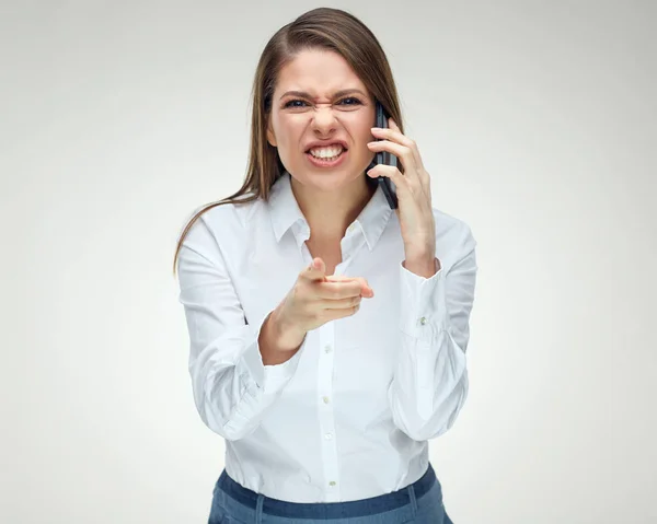 Angry Businesswoman Emotional Shouting Mobile Phone Pointing Finger Camera — Stock Photo, Image