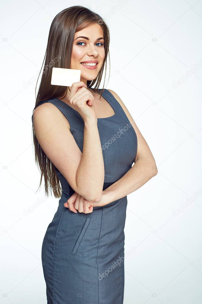 Smiling business woman hold gold credit card. 