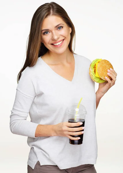 Femme Tenant Hamburger Avec Boisson Cola Isolé Sur Fond Blanc — Photo