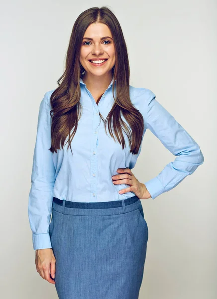 Successful Businesswoman Wearing Blue Business Clothes Posing Light Background — Stock Photo, Image