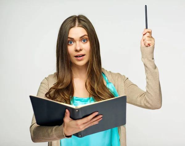 Teacher Woman Holding Opened Book Pen While Pointing — Stock Photo, Image