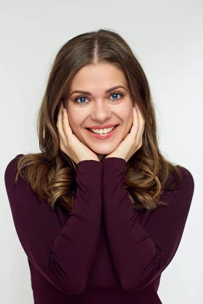 Smiling Woman Touching Her Face Hands Looking Camera Isolated White — Stock Photo, Image