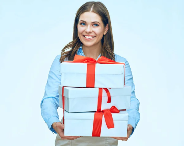 Portrait Smiling Young Businesswoman Holding Paper Gift Boxes Red Ribbons — Stock Photo, Image