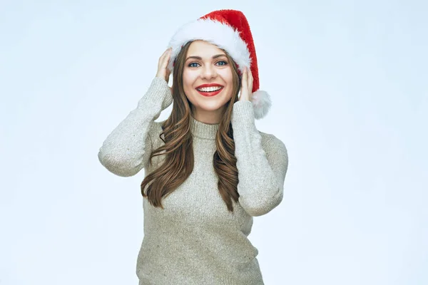 Retrato Mulher Sorridente Usando Chapéu Natal Isolado Fundo Branco — Fotografia de Stock