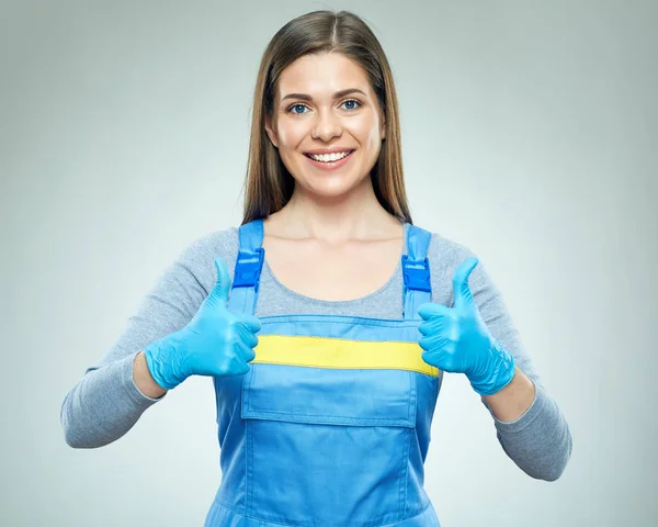 Smiling Woman Builder Dressed Coverall Gloves Showing Thumbs — Stock Photo, Image