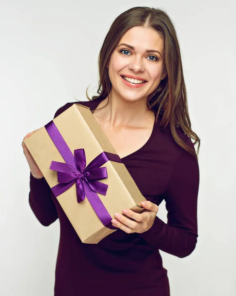 Happy Woman Dark Dress Holding Paper Gift Box Purple Ribbon — Stock Photo, Image