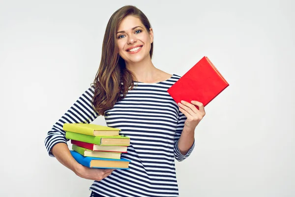 Smiling Woman Student Holding Pile Books Isolated White Background — Stock Photo, Image