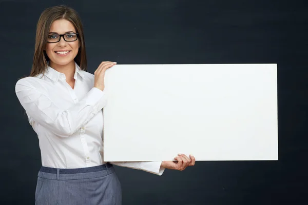 Smiling Businesswoman Wearing Eyeglasses Holding Advertising Board — Stock Photo, Image