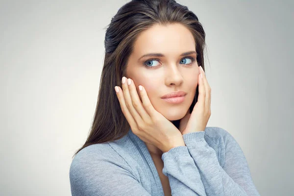 Portrait Young Beautiful Woman Touching Cheeks Hands — Stock Photo, Image