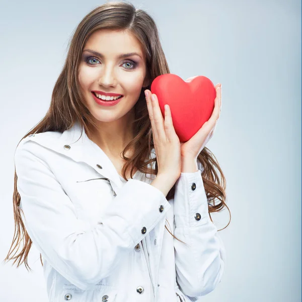 Red heart. Love symbol. Portrait of beautiful woman hold Valent — Stock Photo, Image