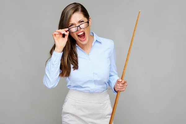 Bad teacher. Woman holding wooden pointer.