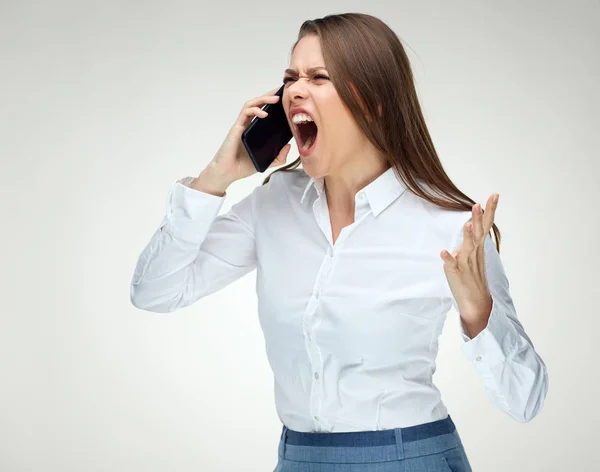 Angry woman boss shouting with phone. — Stock Photo, Image