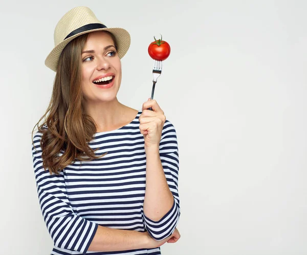 Portrait Attractive Smiling Woman Holding Fork Tomato Diet Concept — Stock Photo, Image